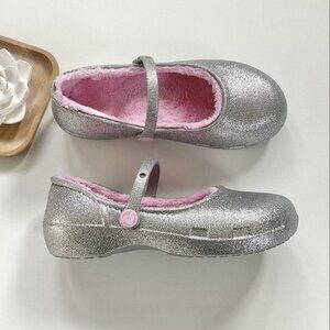Crocs Sparkly Silver Fur Lined Mary Janes
